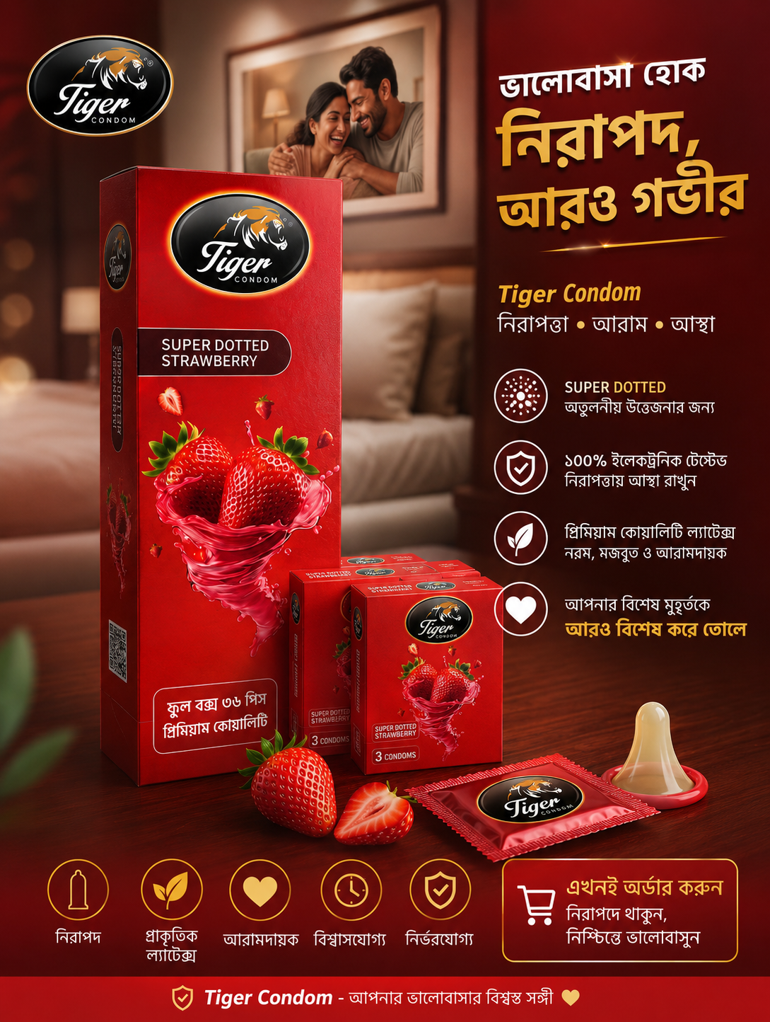 Tiger Condom Super Dotted Strawberry Flavor - 36 Pieces Full Box (Premium Latex & 100% Electronically Tested)
